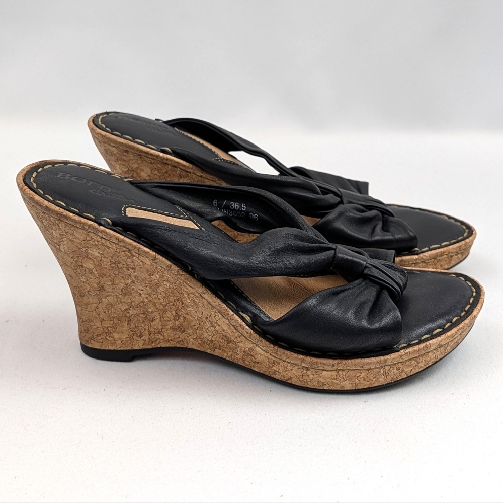 Born Monte Carlo Sandals Leather Open Toe Cork Wedge Platform Strappy Black 6